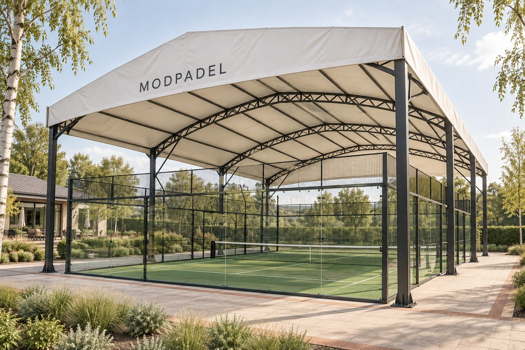 ModPadel steel-framed canopy with an outer waterproof fabric roof