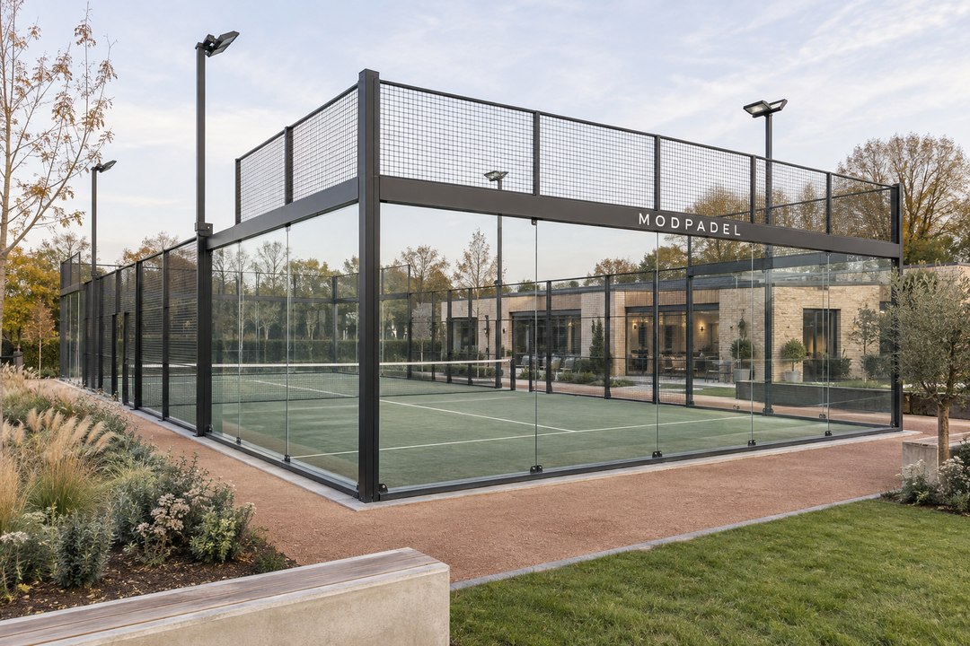 A ModPadel-branded glass padel court in a landscaped leisure setting
