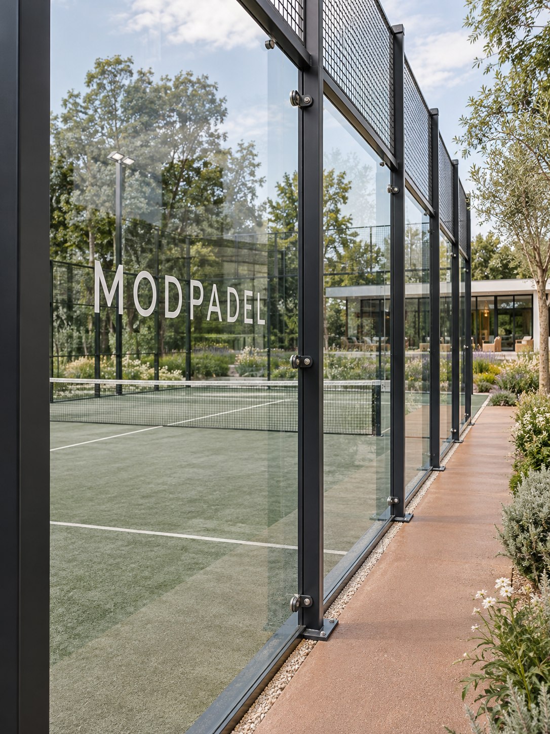 MODPADEL branding on court glass beside a terracotta walkway