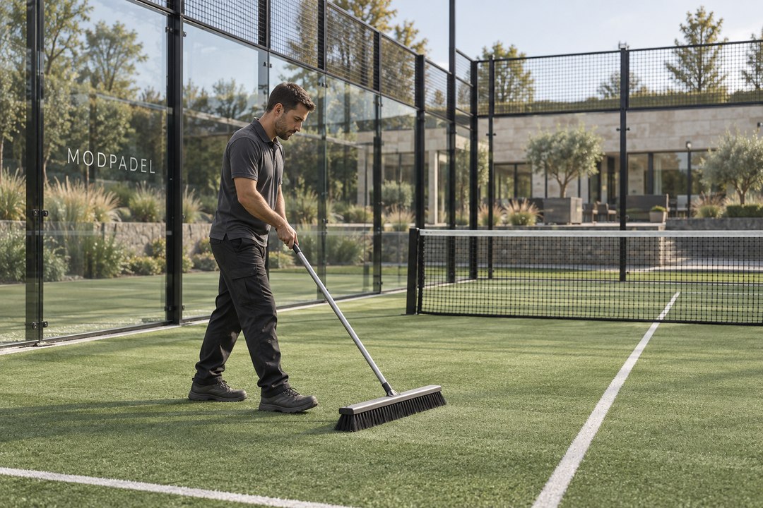 Illustration of surface care on a ModPadel padel court