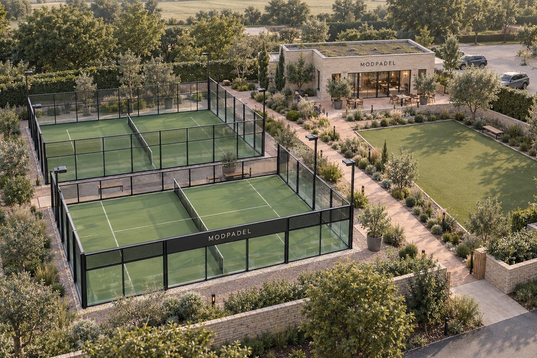 Illustrative layout of padel courts and sports turf in a leisure setting